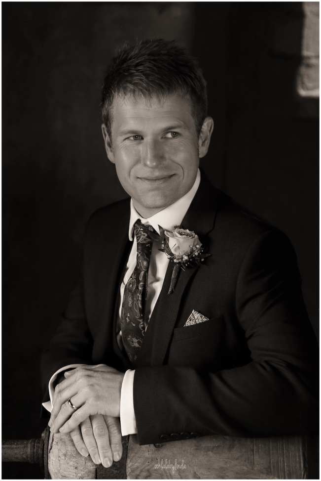 black and white portrait of bridegroom South Wales